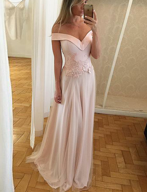 Modest A Line Off Shoulder Long Light Pink Satin Prom/evening Dress With Appliques/tulle