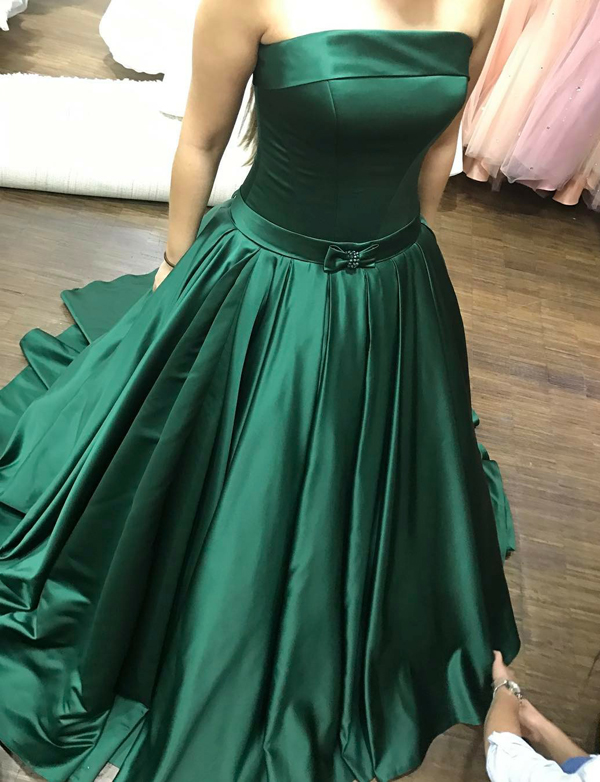 Elegant A Line Strapless Lace Up Long Dark Green Satin Formal/evening Dress With Bow