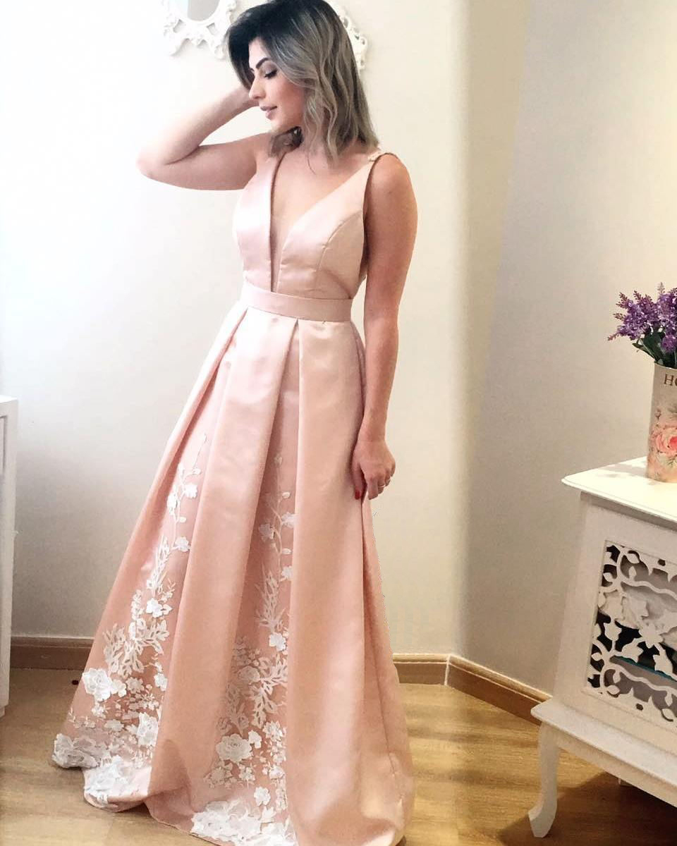 Elegant A Line Deep V Neck Long Light Pink Satin Formal/evening Dress With Lace