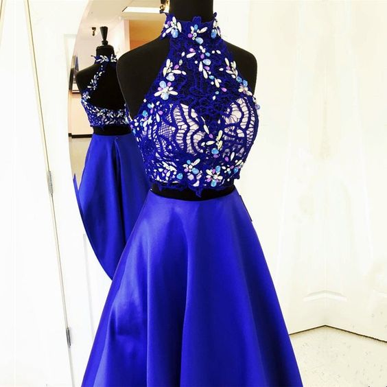 Lovely Two Piece A Line High Neck Open Neck Long Royal Blue Satin Prom/graduation Dress With Beading/lace