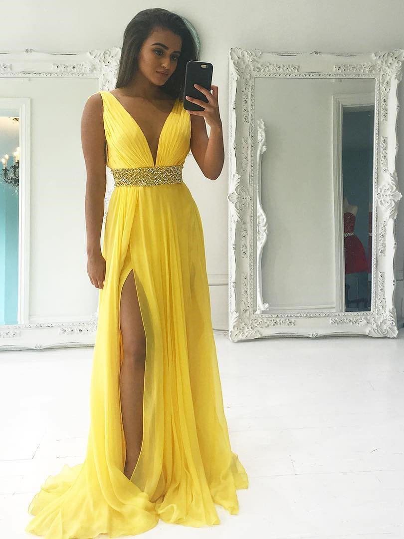 Charming A Line Deep V Neck Slit Long Yellow Tulle Prom/evening Dress With Pleats/beads