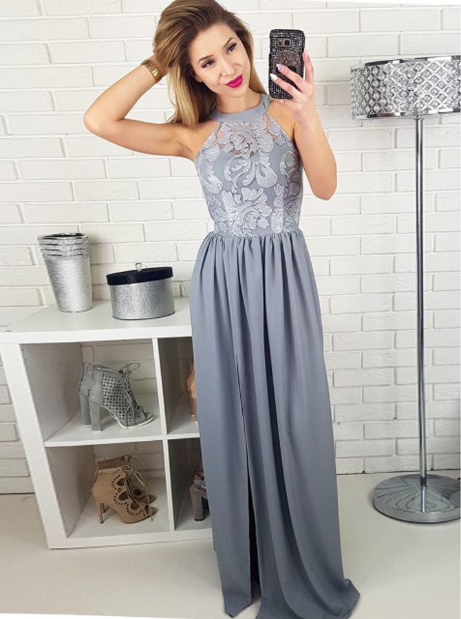 Fashion A Line Halter Long Grey Lace Satin Prom/evening Dress With Slit