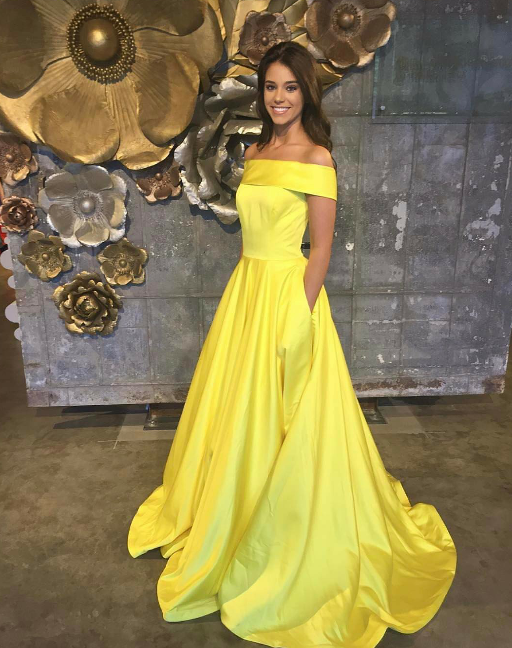 Charming A Line Off Shoulder Yellow Satin Prom/Evening Dress on Luulla