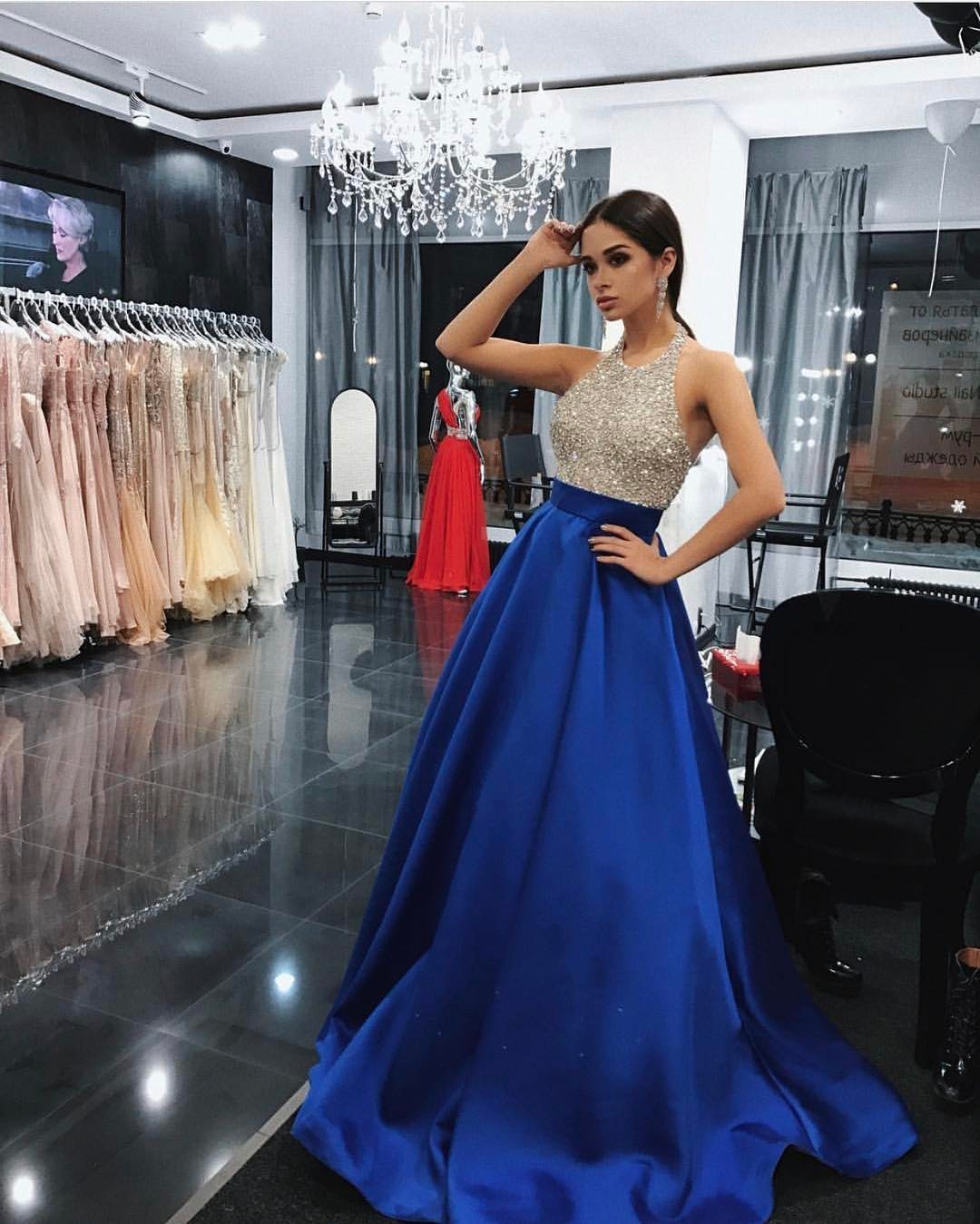 Shinning A Line Halter Beaded Long Royal Blue Satin Prom/evening Dress With Pockets