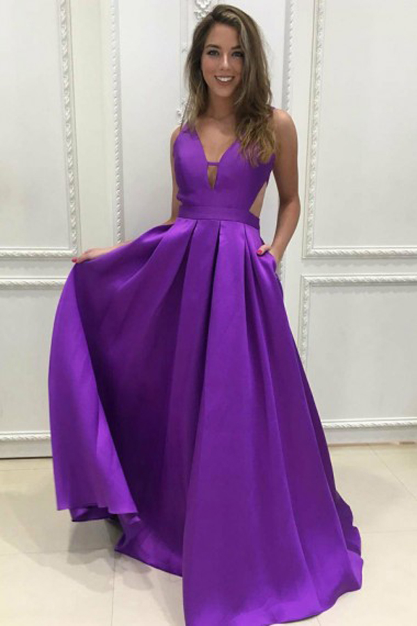 Simple A Line Deep V Neck Backless Long Purple Satin Prom/evening Dress