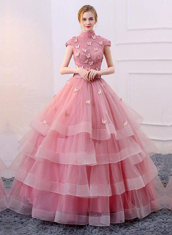 Romantic Ball Gown High Neck Cap Sleeves Lace Up Long Pink Organza Quinceanera/prom Dress With Appliques