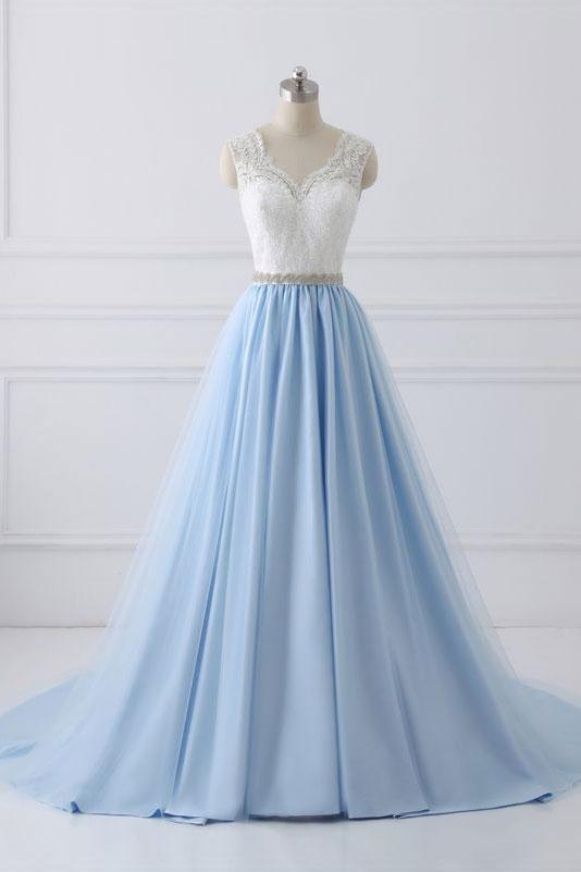 Simple A Line V Neck White Lace Blue Tulle Satin Prom/evening/formal Dress
