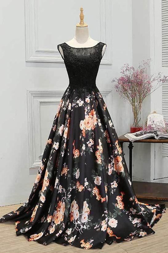 Fashion A Line Crew Lace-up Black Lace Floral Satin Prom/evening Dress With Beading