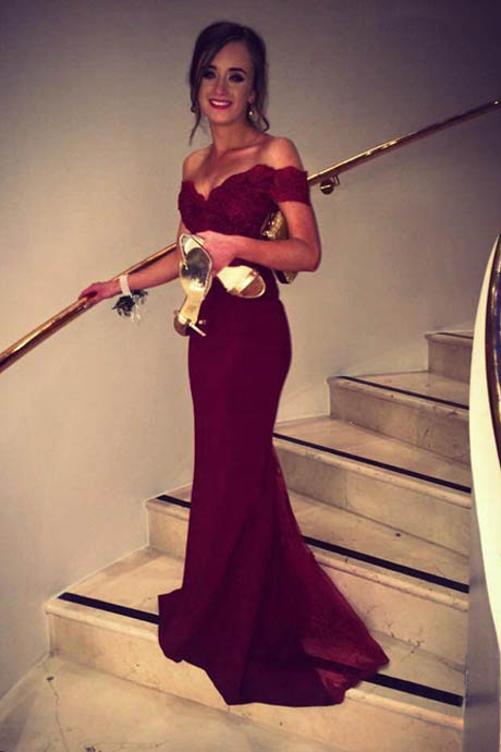 Simple Mermaid Long Burgundy Satin Lace Prom/bridesmaid Dress With Sweep Train