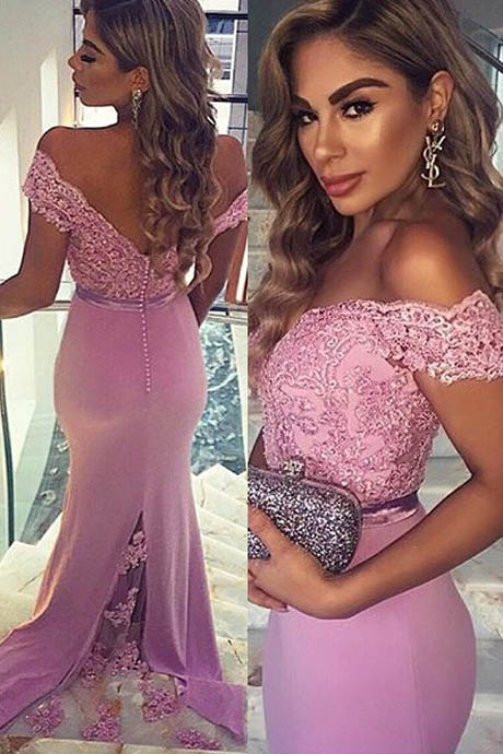 Gorgeous Mermaid Off Shoulder Lilac Satin Lace Prom Dress With Sweep Train
