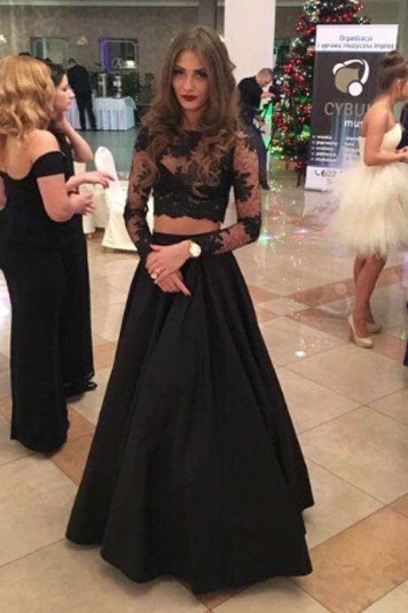 Elegant Two Piece Long Sleeves Black Lace Satin Prom Dress