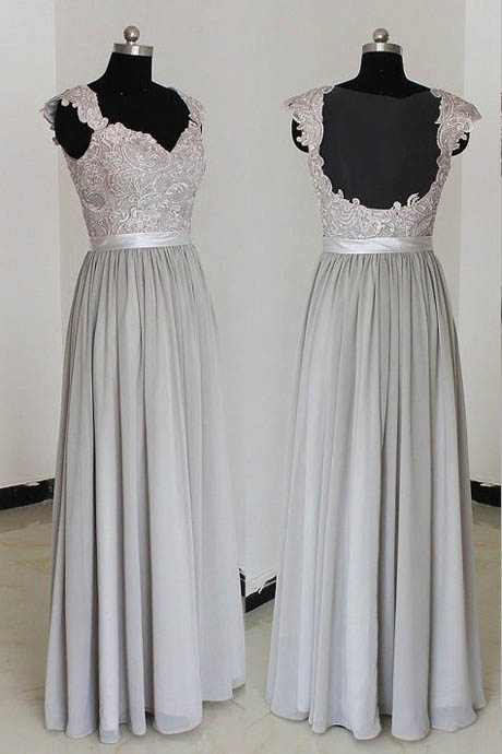 Elegant A Line Sweetheart Long Grey Chiffon Lace Bridesmaid Dresses