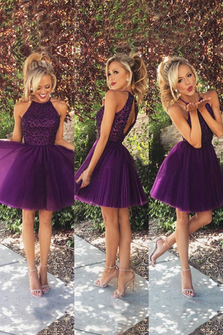 Sexy A-line Scoop Beaded Tulle Sleeveless Purple Backless Short Cocktail Homecoming Dress