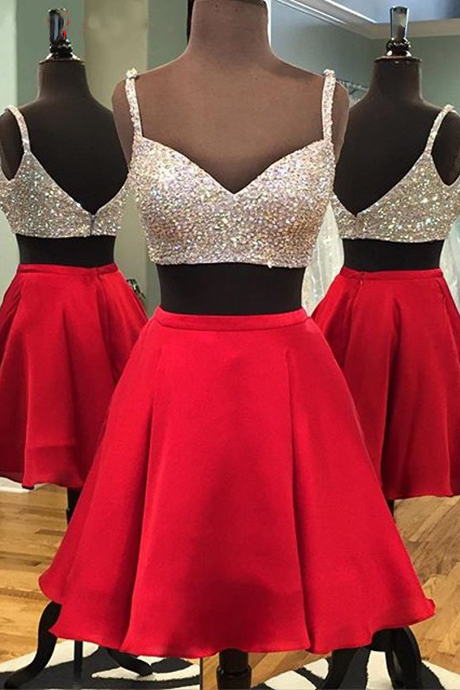 Two Piece A-line V-neck Beaded Satin Red Backless Short Party Homecoming Dress