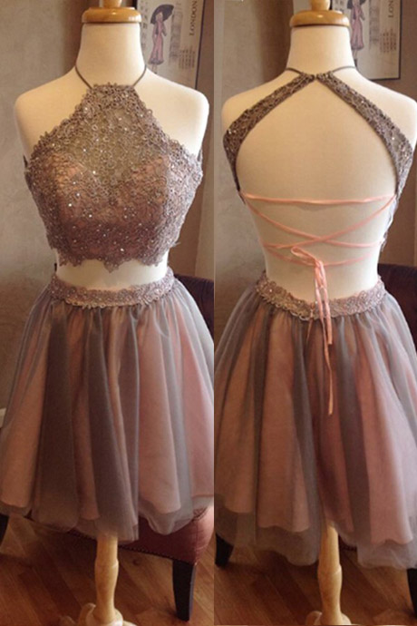 Fashion Two Piece Halter Short Grey Backless Homecoming Dress Beading Appliques