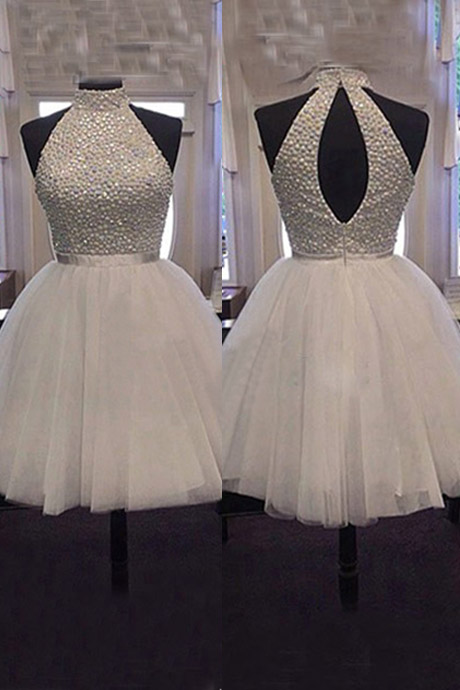 Luxurious Beaded High-neck Short Tulle Homecoming /party Dress