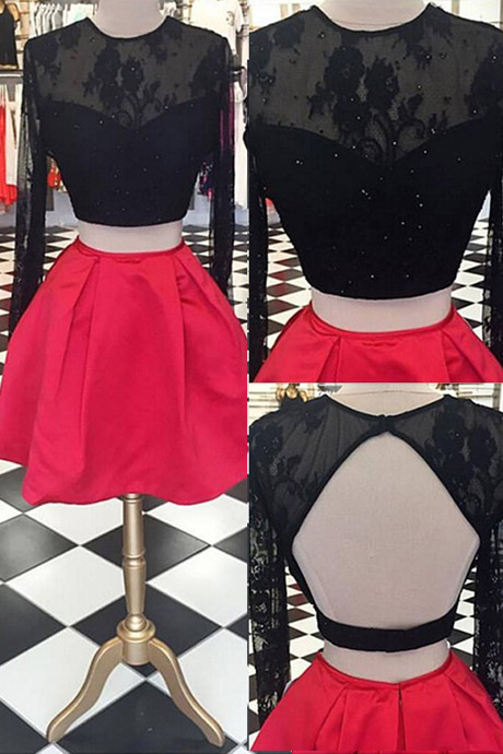 Generous Two Piece Backless Long Sleeves Short Red Homecoming Dress With Blace Lace Top Beaded