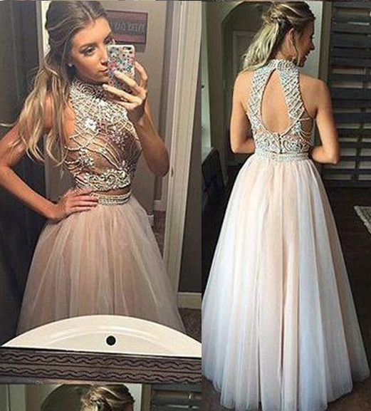 Modern Two Piece High Neck Open Back Beaded Champagne Tulle Prom/evening Dress