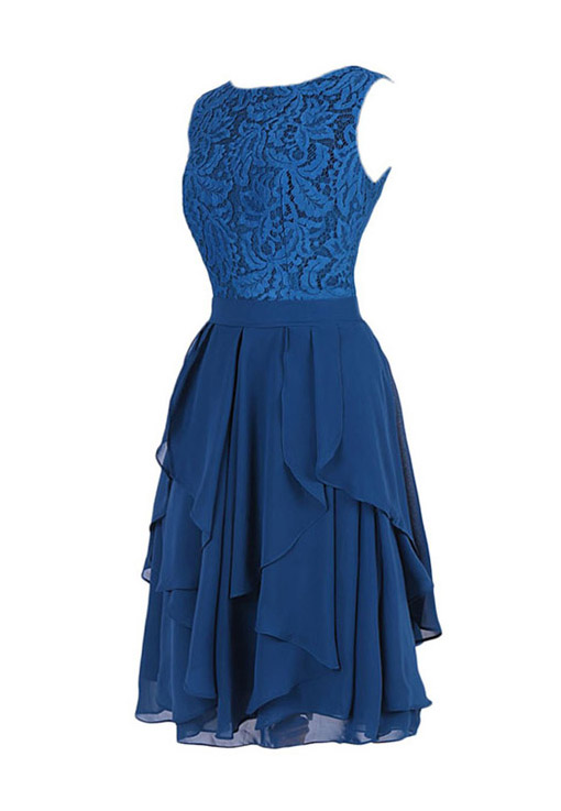 Cute Jewel Knee Length Tiered Navy Blue Lace Chiffon Bridesmaid Dress