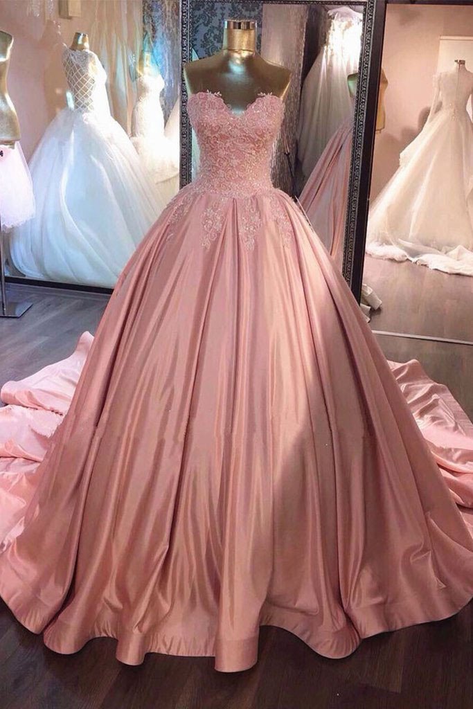 Charming Ball Gown Sweetheart Sweep Train Pearl Pink Lace Pro Dress With Beading Waist