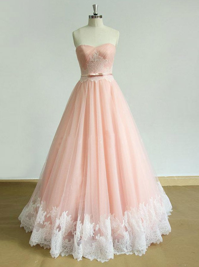 Elegant A Line Strapless Pleated Pink Tulle Lace Prom Dress