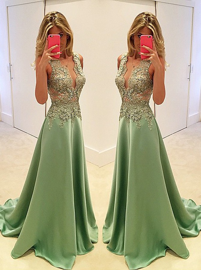 Stylish A Line Deep V-neck Beaded Green Lace Satin Prom Dress