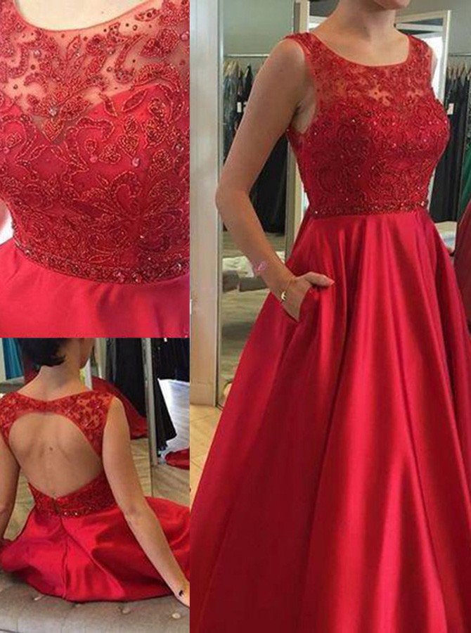 Elegant A Line Open Back Scoop Long Red Lace Prom Dress With Beading