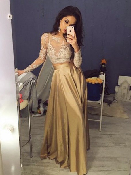 Elegant Two Piece Long Sleeves Gold Stain Lace Prom Dress/evening Dress