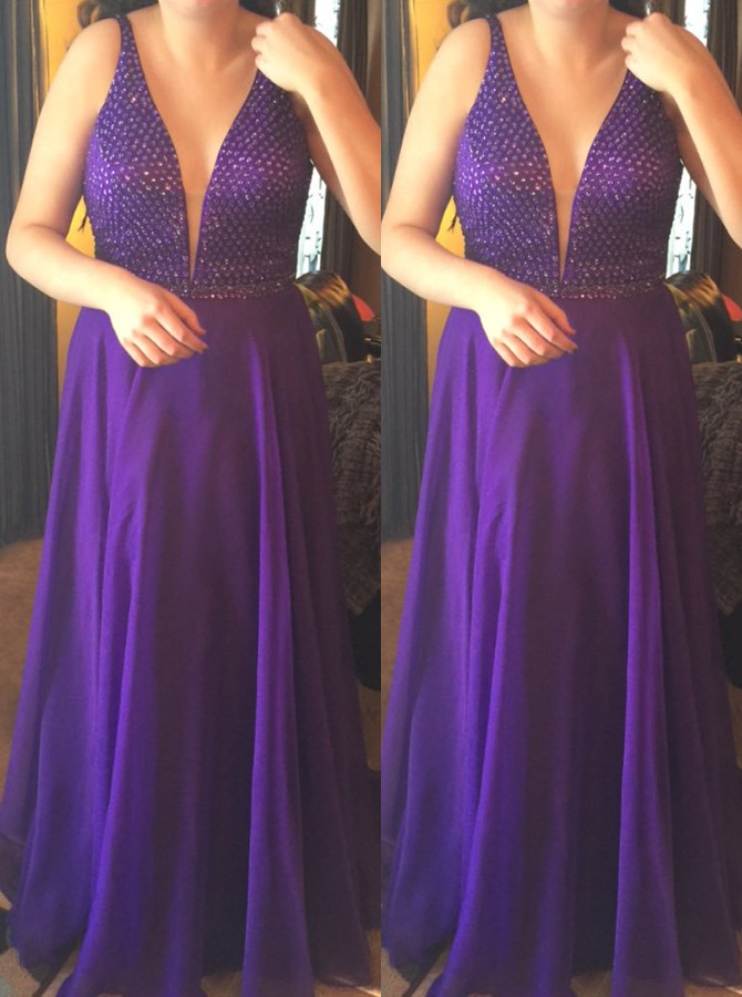 Fancy A Line Deep V Neck Purple Chiffon Plus Size Prom/evening Dress With Beading