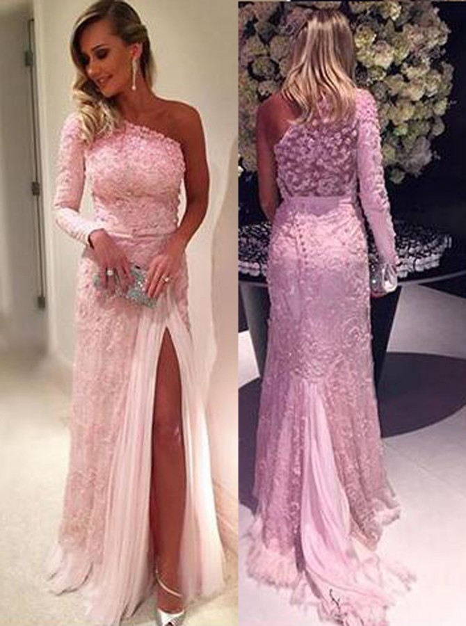 one shoulder long sleeve evening gown