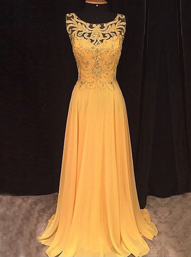 Chic A Line Beaded Long Orange Chiffon Prom Dress