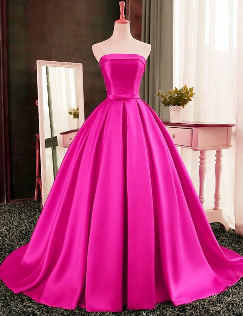 Chic Strapless A Line Fuchsia/red Satin Formal Evening Dresses