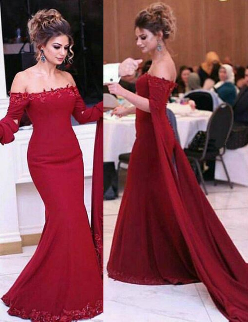 Beautiful Mermaid Off Shoulder Long Sleeves Burgundy Evening Dress With Sequined Lace