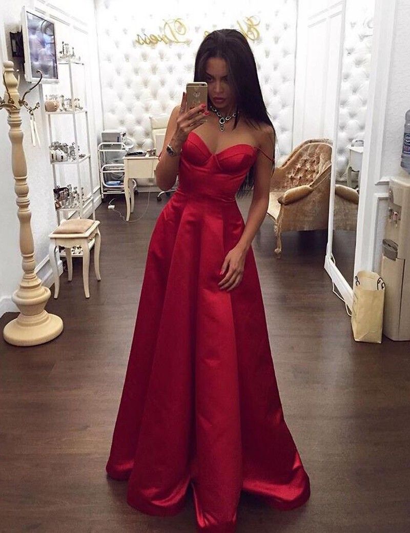Fashion A Line Spaghetti Straps Sweetheart Long Red Satin Prom/evening Dress