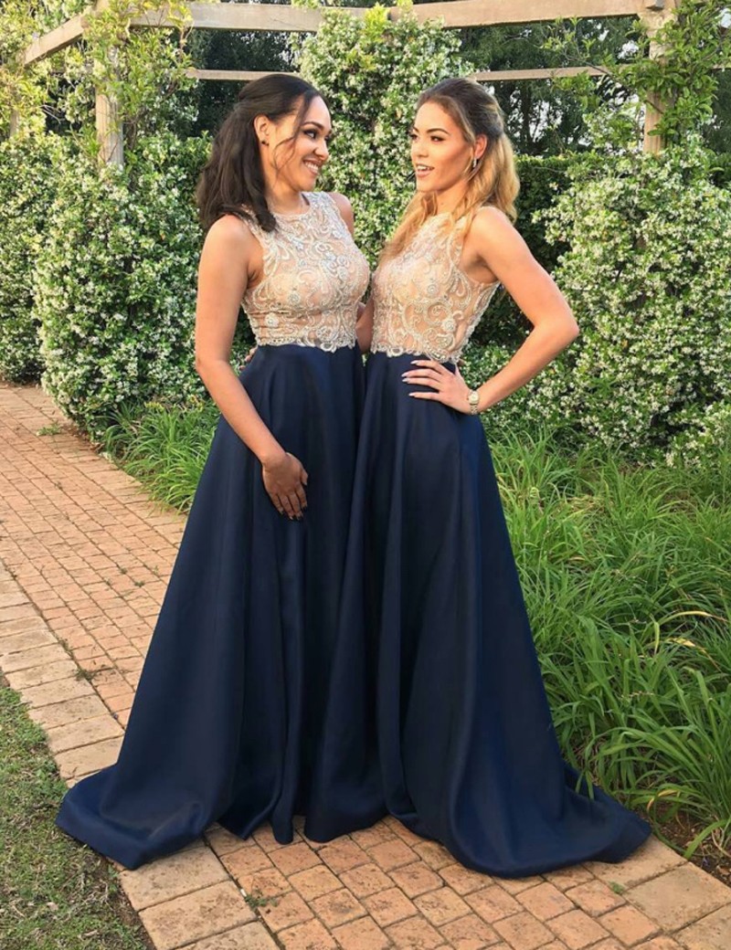Modern A Line Navy Blue Beaded Lace Prom/evening Dress