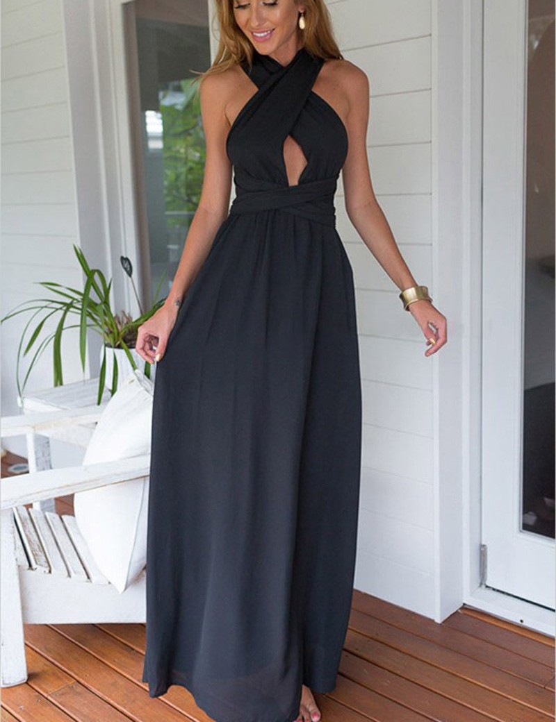 Boho A Line Halter Open Back Long Black Chiffon Prom/party Dresses With Pleats/convertible Style