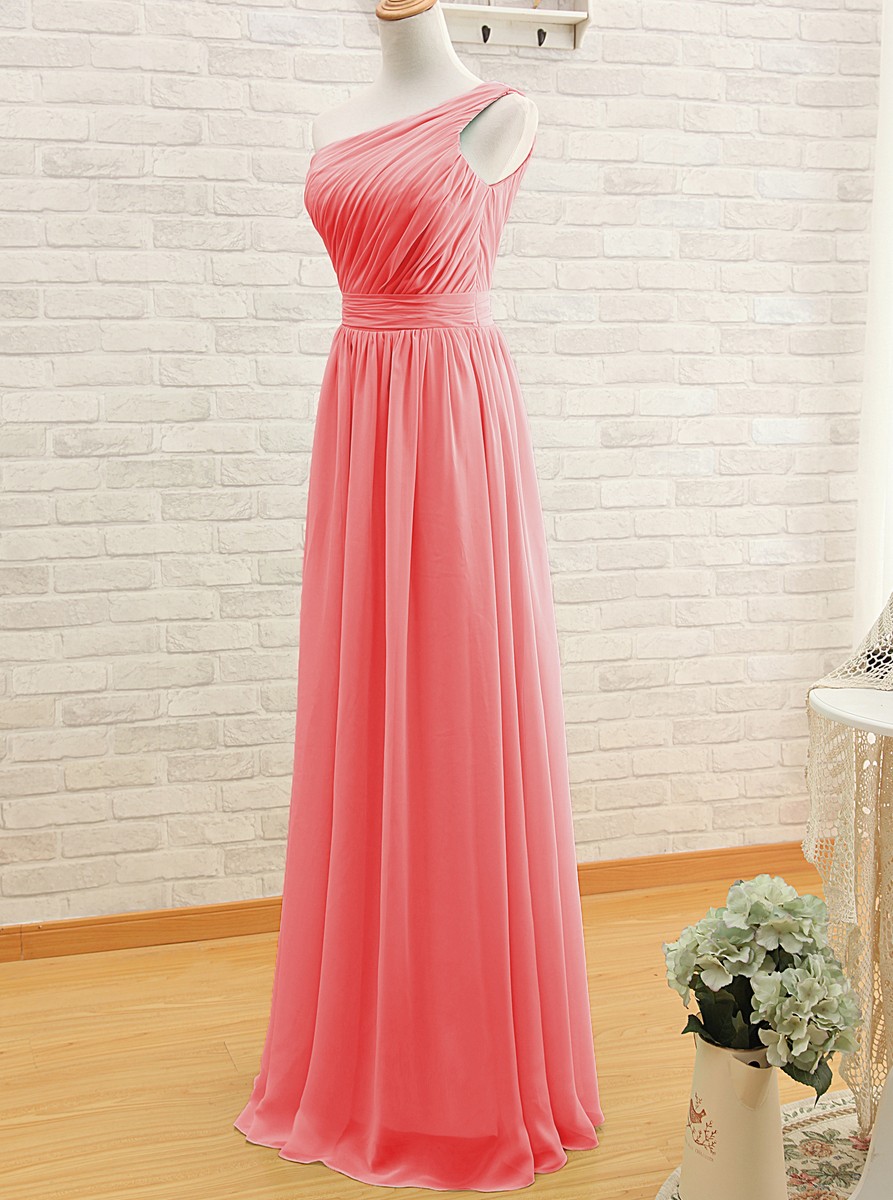 Simple A-line One-shoulder Long Watermelon Bridesmaid Dress/wedding Party Dress