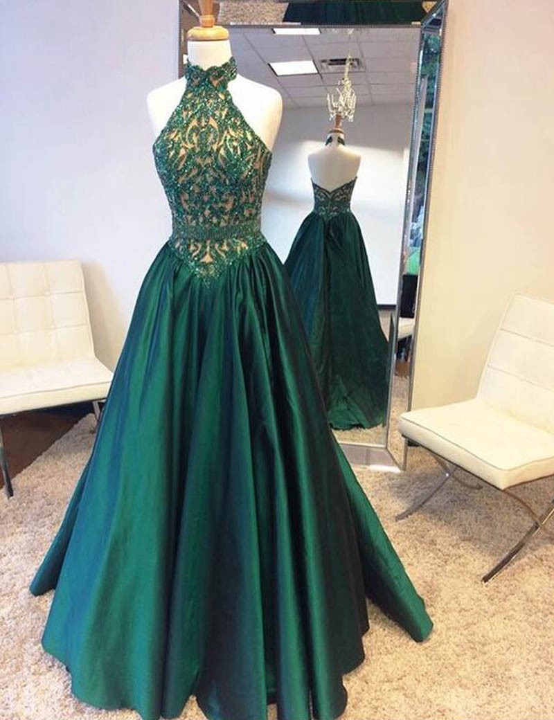 A Line Halter Beaded Lace Long Dark Green Prom/evening Dresses