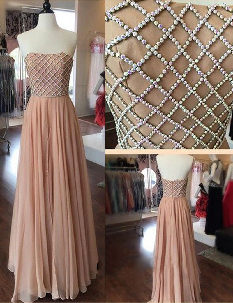 Vintage A Line Strapless Women Beaded Dirty Pink Chiffon Evening/prom Dresses