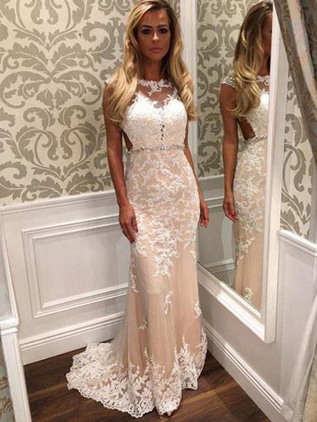 Glamorous Mermaid Cap Sleeves Women Champagne Prom/evening Dresses With Beaded Lace