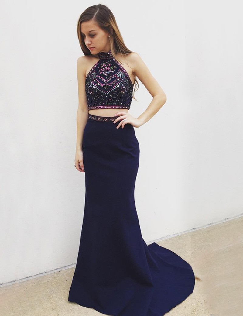 Fashion Two Piece Mermaid Halter Backless Long Navy Blue Prom Dress With Embroidery