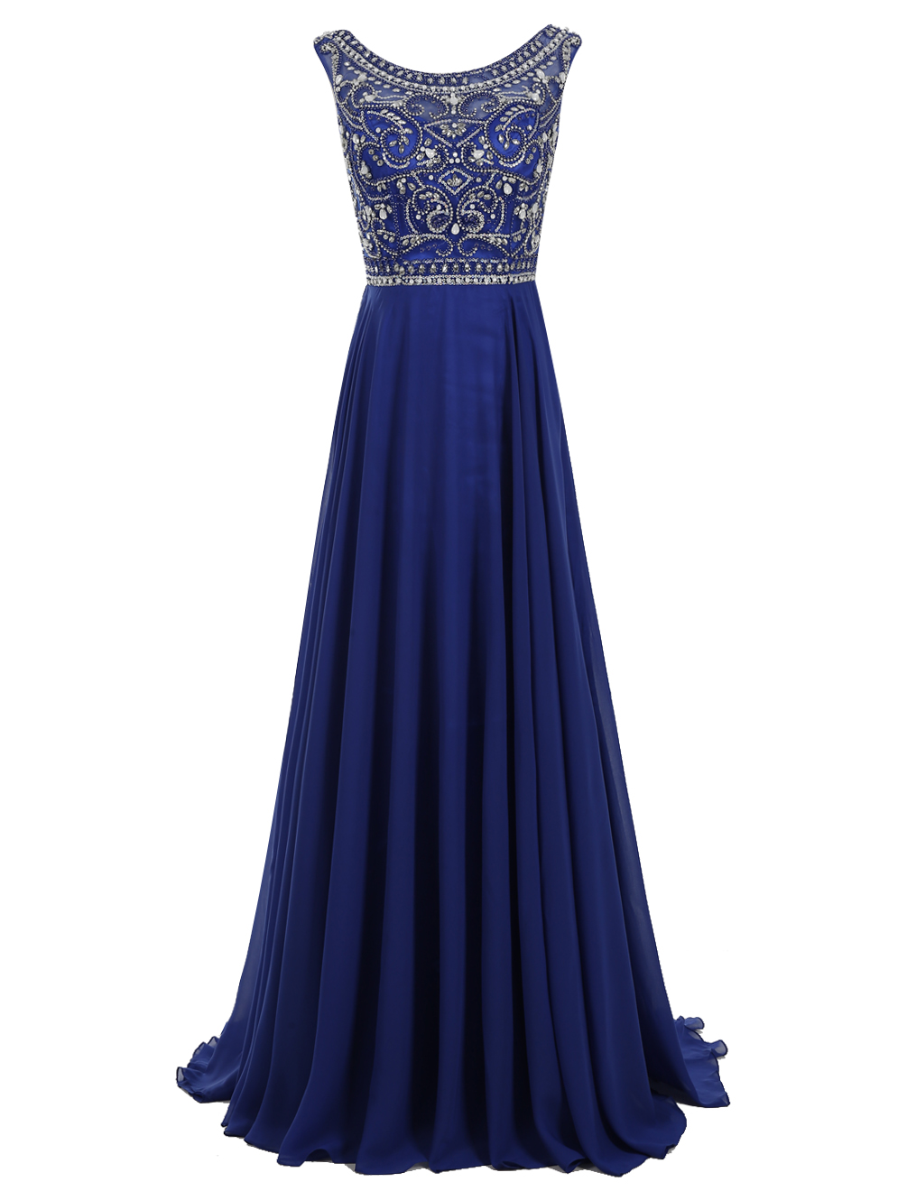 Chic A Line Scoop Beaded Long Royal Blue Chiffon Prom Dresses