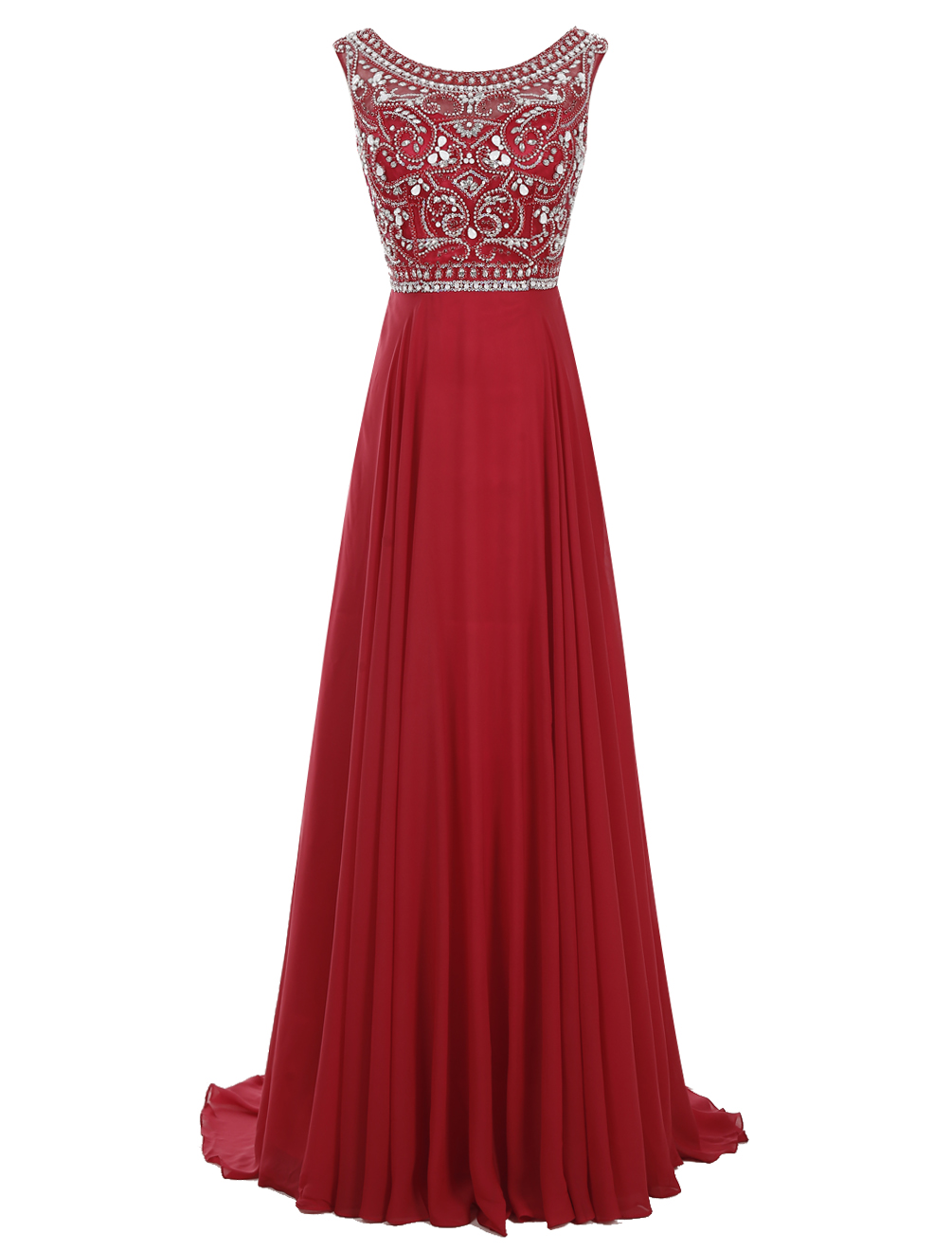 Beautiful A Line Scoop Long Women Red Chiffon Prom Dresses With Beading