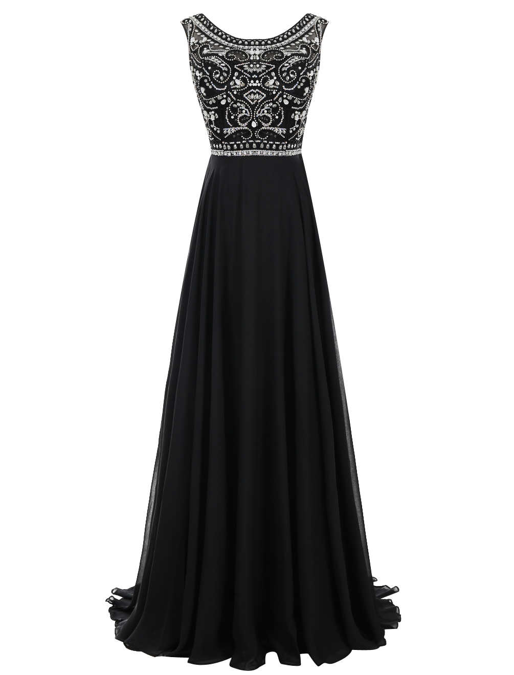 Beautiful A Line Scoop Long Black Chiffon Prom Dresses With Beading