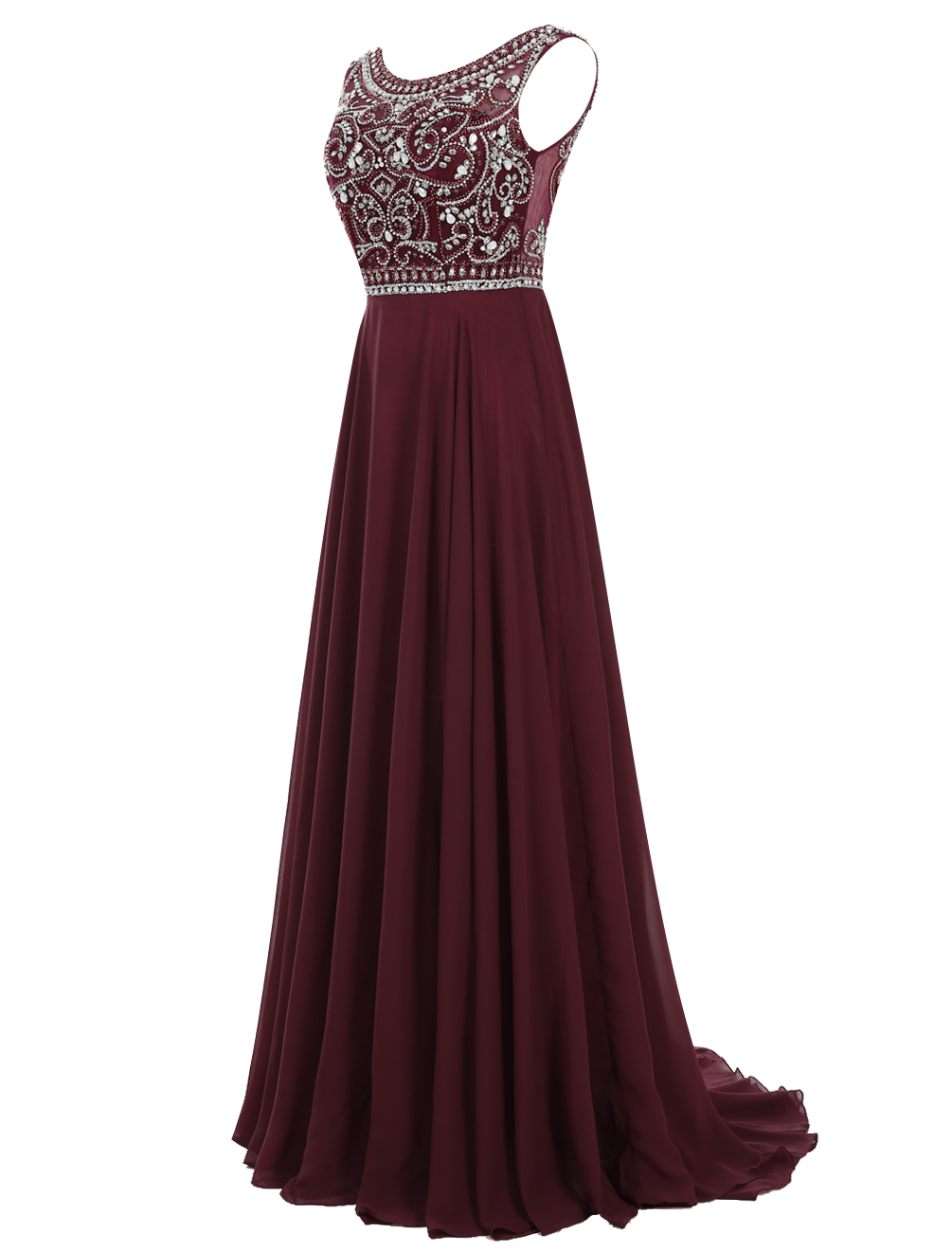 Vintage A Line Scoop Long Burgundy Chiffon Prom Dresses With Beading
