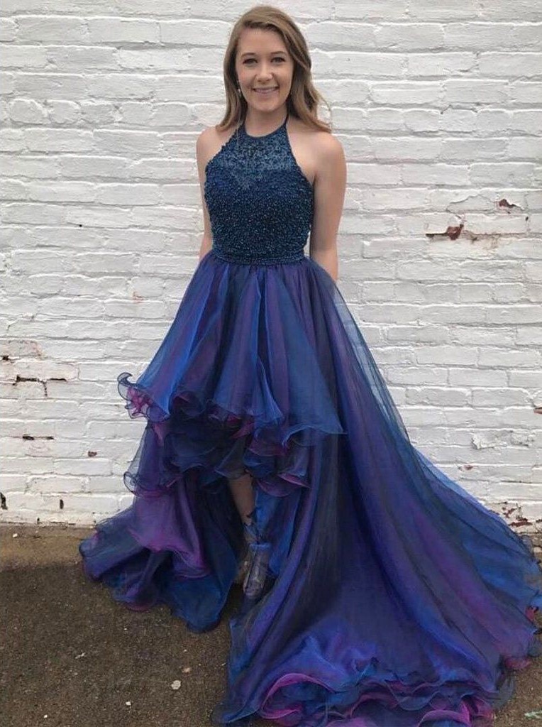 Fashion High Low Halter Royal Blue Ruffled Organza Prom/party Dress With Beading