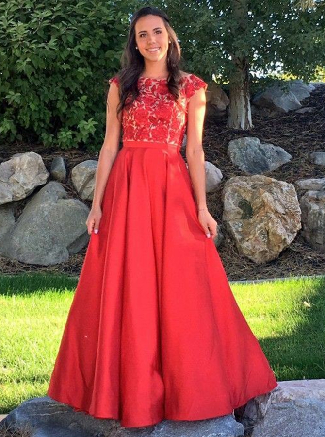 Simple Two Piece Bateau Sleeveless Long Red Satin Lace Prom/evening Dress With Pockets
