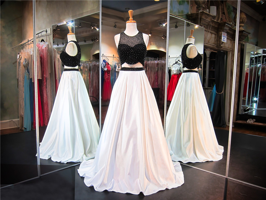 Sparkly Two Piece A Line Jewel White Black Satin Prom/evening Dresses With Beading