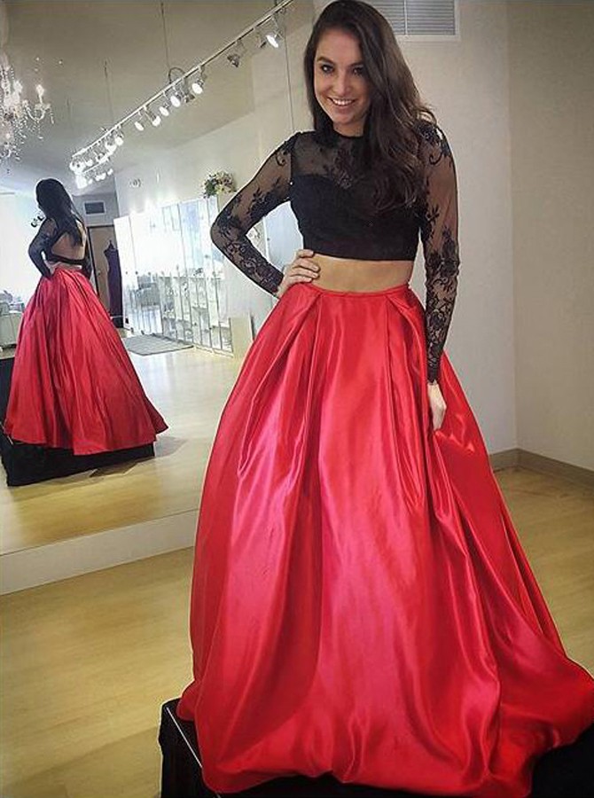 Fashion Two Piece Long Sleeves Open Back Black Lace Red Stain Prom/party Dresses