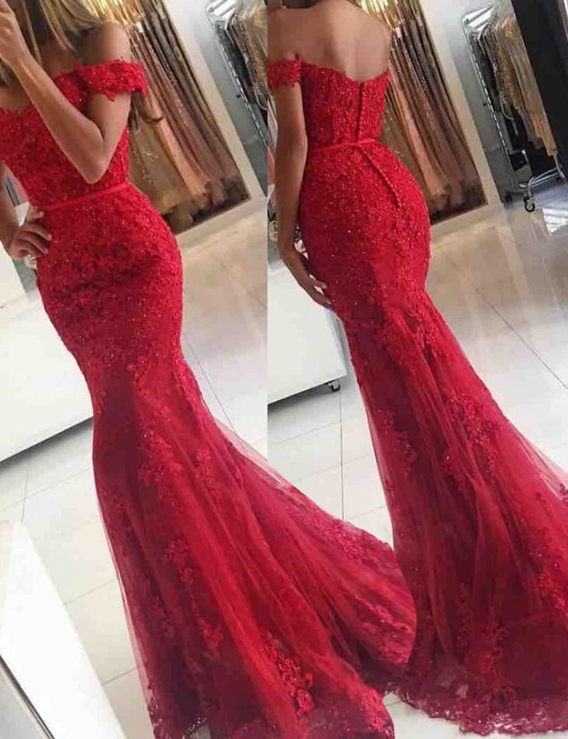 Chic Mermaid Off The Shoulder Women Red Lace Prom/evening Dresses With Beading